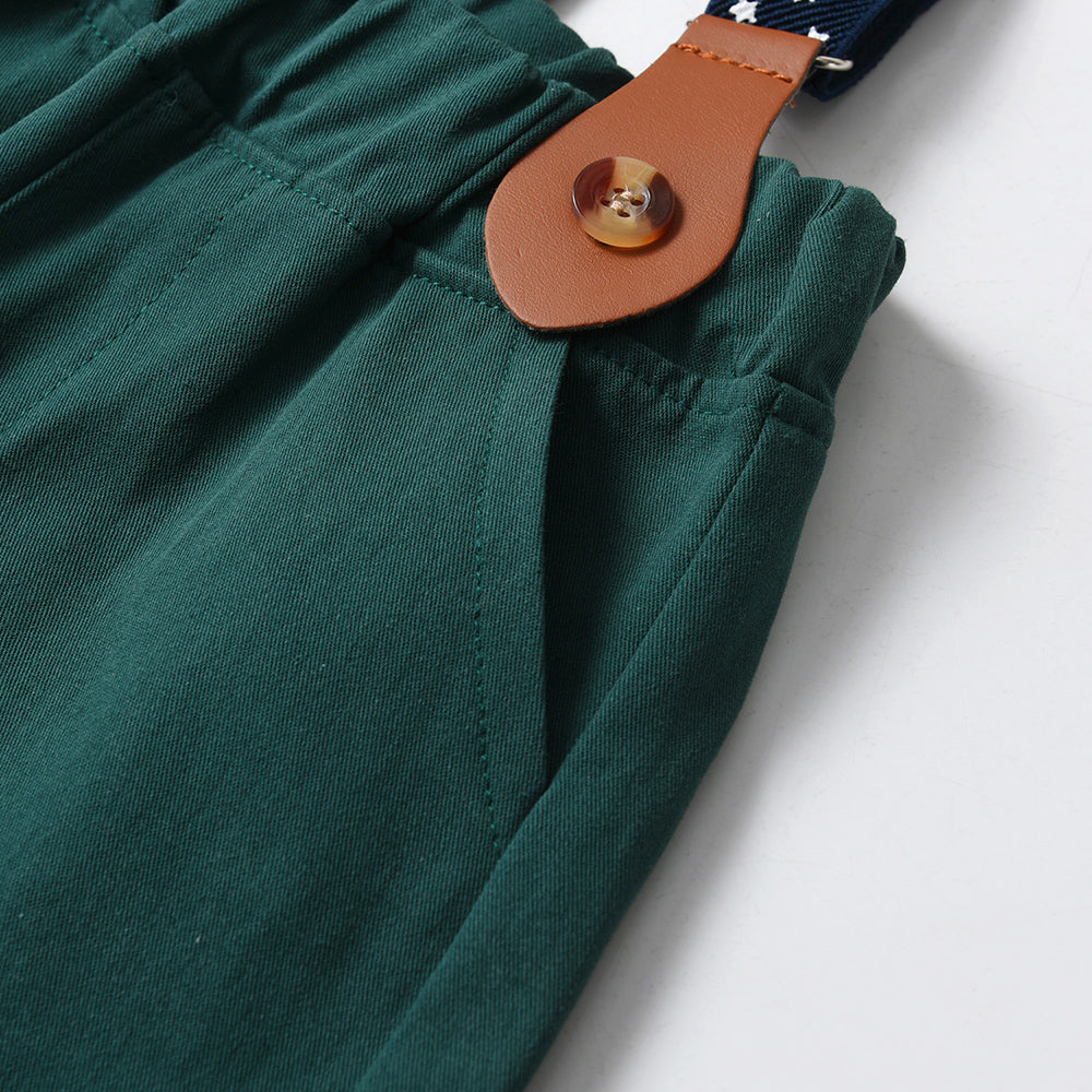 Boys Green & White Printed Shirt & Shorts With Suspenders