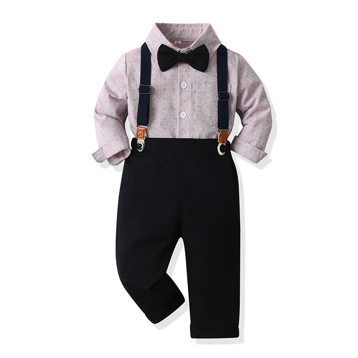 Boys Self Design Shirt Collar Shirt & Trouser & Suspenders & Bow Tie
