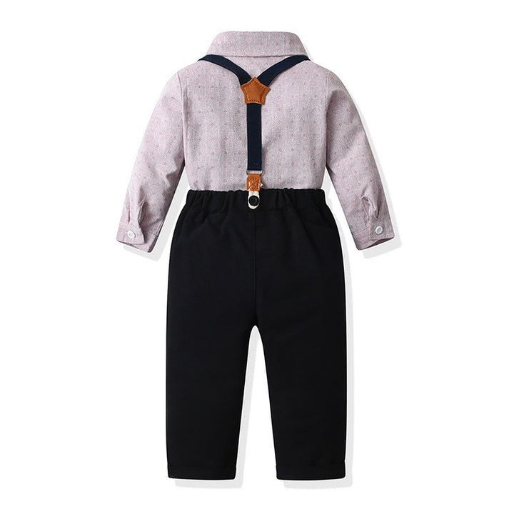 Boys Self Design Shirt Collar Shirt & Trouser & Suspenders & Bow Tie
