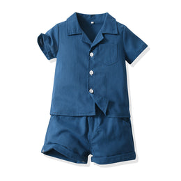 Kids Blue & White Cuban Collar Pure Cotton Shirt with Shorts