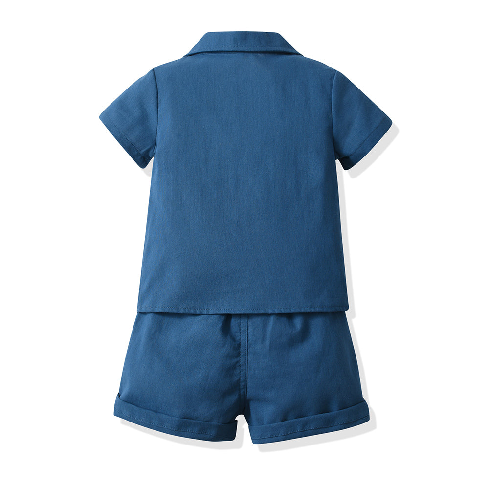 Kids Blue & White Cuban Collar Pure Cotton Shirt with Shorts