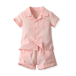 Unisex Kids Pink Lapel Collar Shirt & Shorts