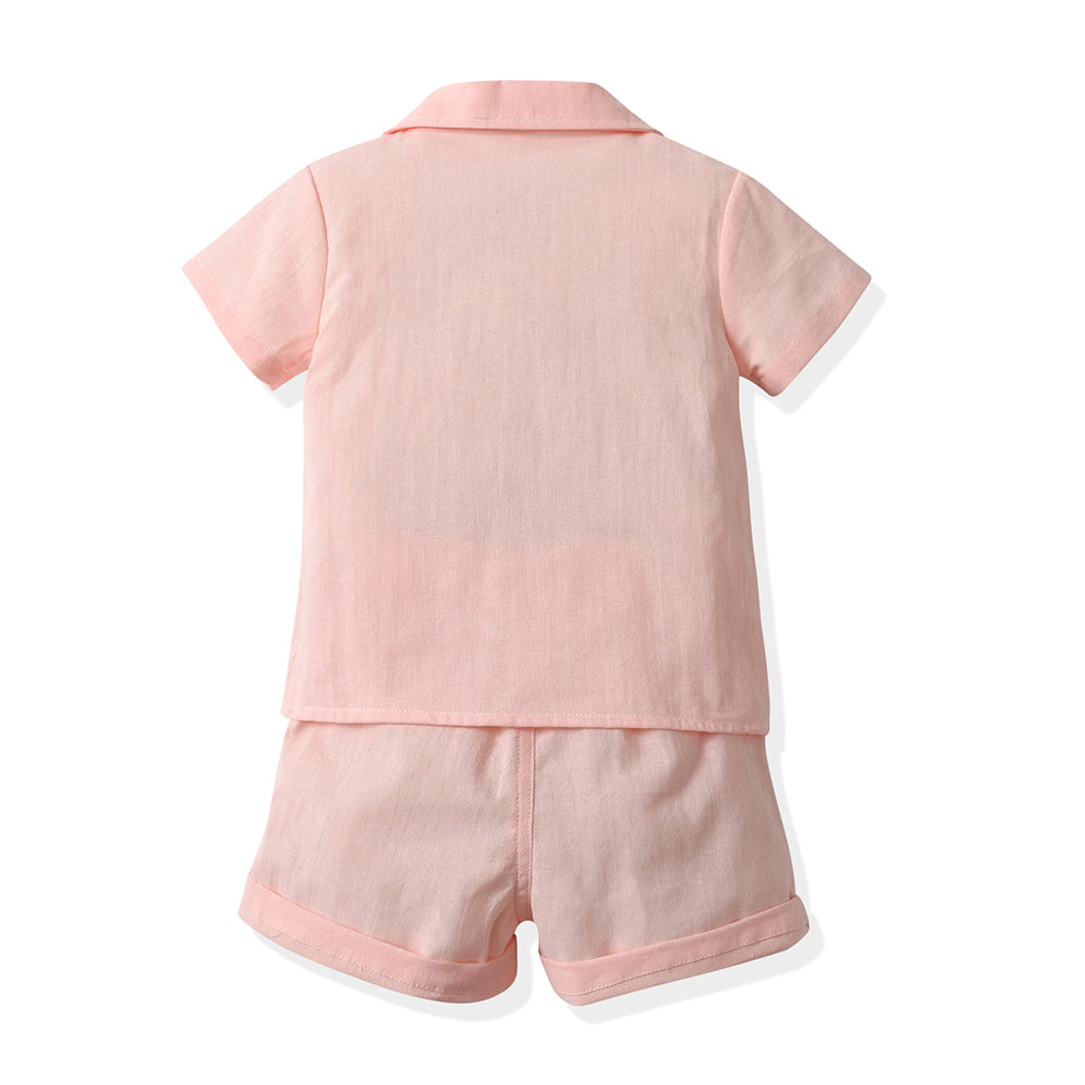 Unisex Kids Pink Lapel Collar Shirt & Shorts