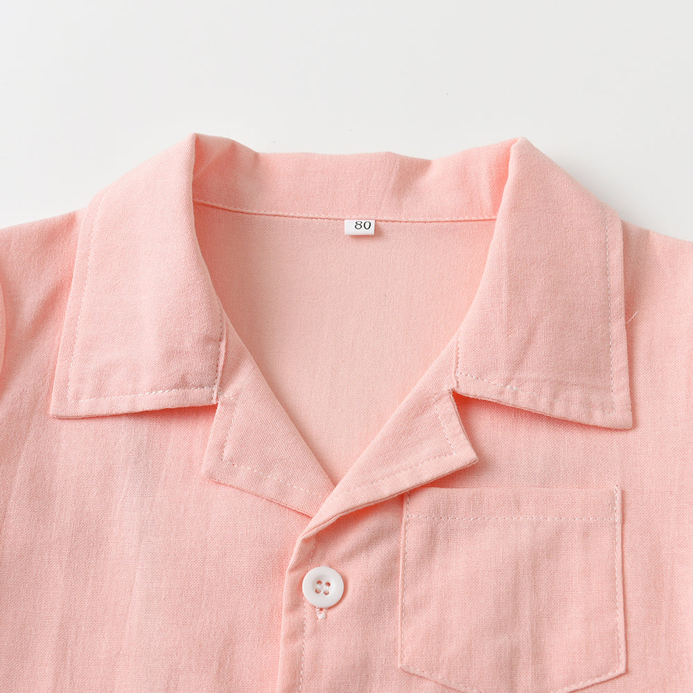 Unisex Kids Pink Lapel Collar Shirt & Shorts
