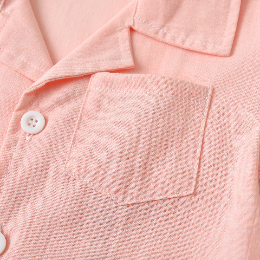 Unisex Kids Pink Lapel Collar Shirt & Shorts