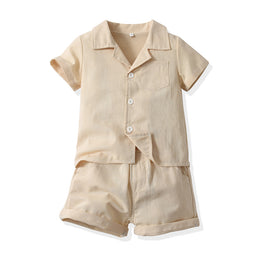 Unisex Beige Cuban Collar Pure Cotton Shirt With Shorts