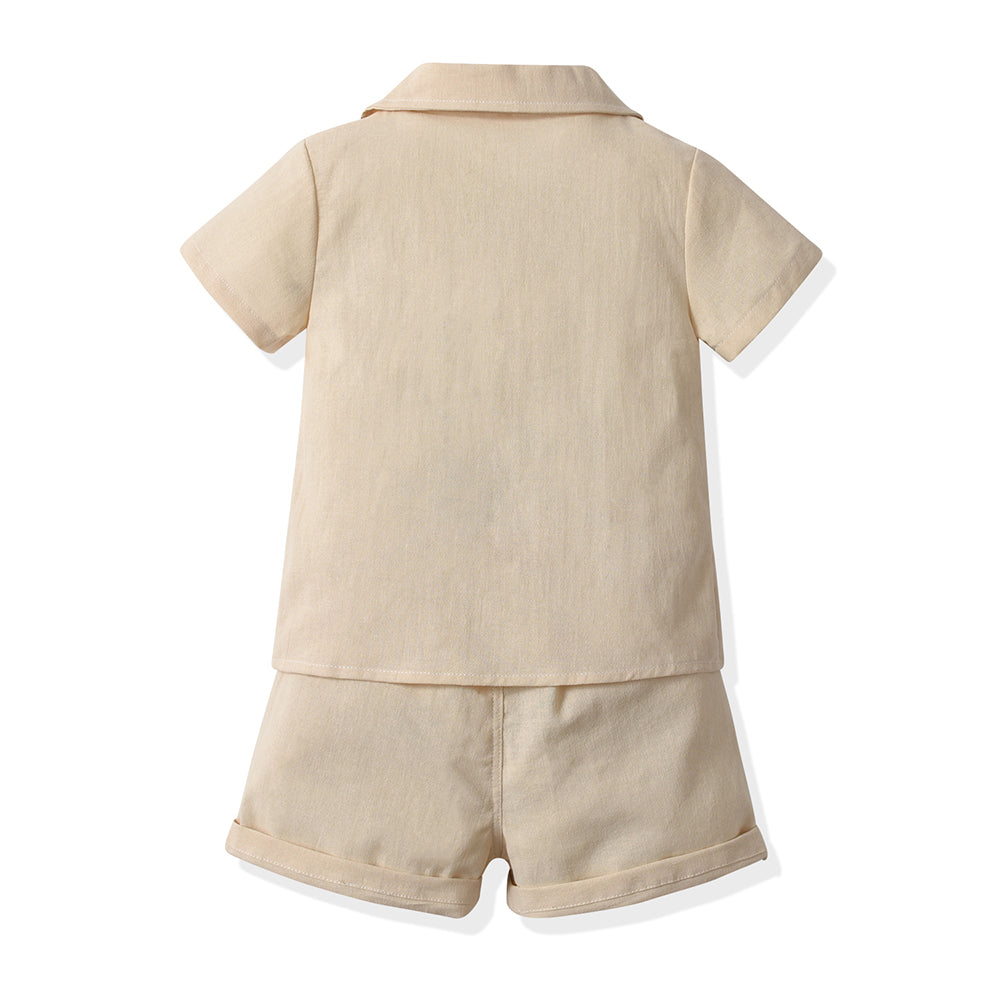 Unisex Beige Cuban Collar Pure Cotton Shirt With Shorts