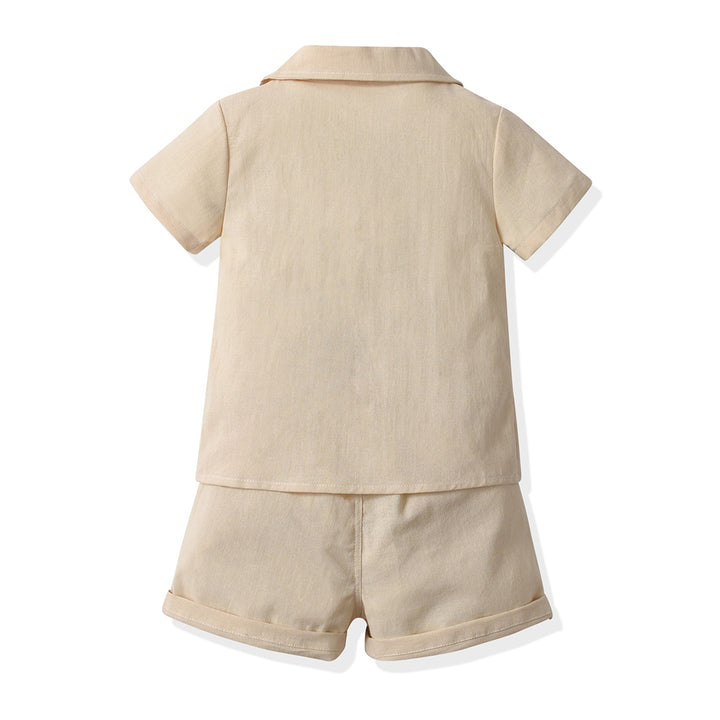Unisex Beige Cuban Collar Pure Cotton Shirt With Shorts
