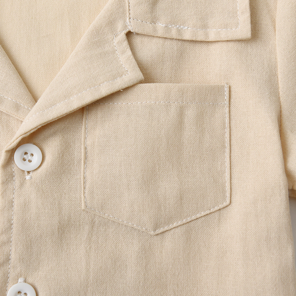 Unisex Beige Cuban Collar Pure Cotton Shirt With Shorts