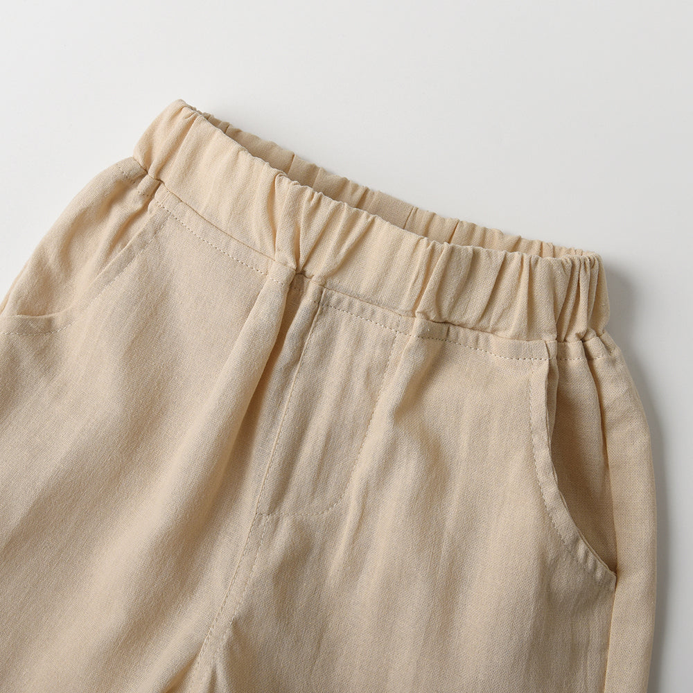 Unisex Beige Cuban Collar Pure Cotton Shirt With Shorts