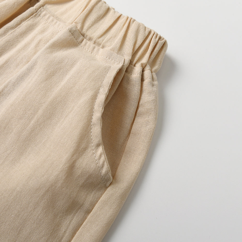 Unisex Beige Cuban Collar Pure Cotton Shirt With Shorts