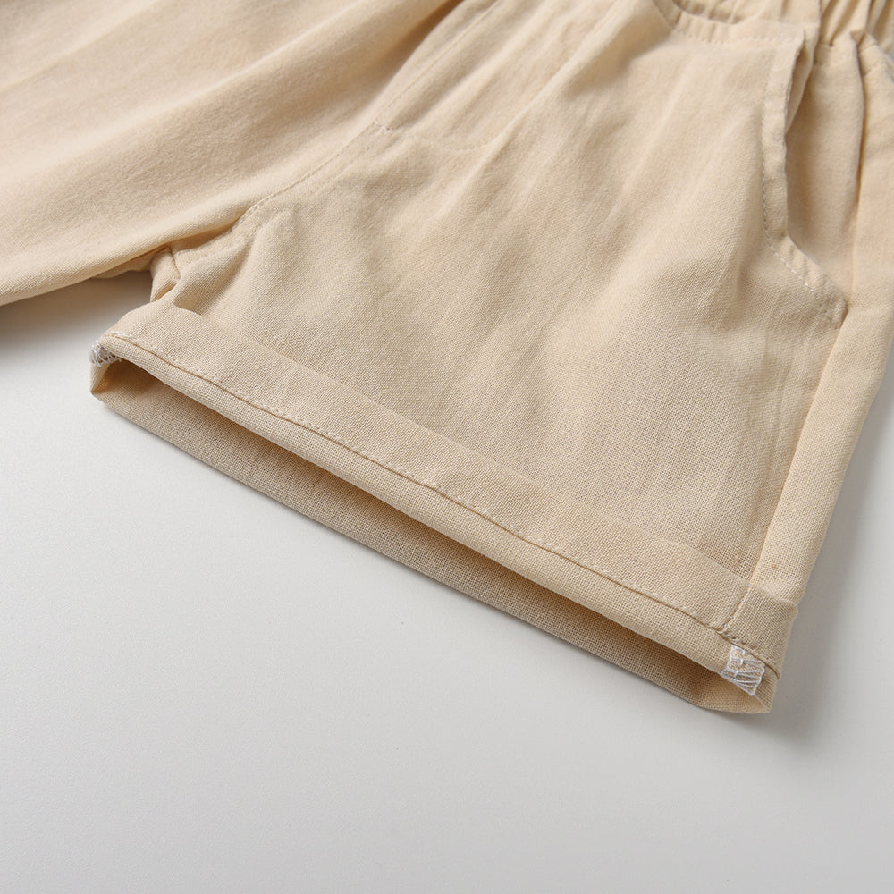 Unisex Beige Cuban Collar Pure Cotton Shirt With Shorts