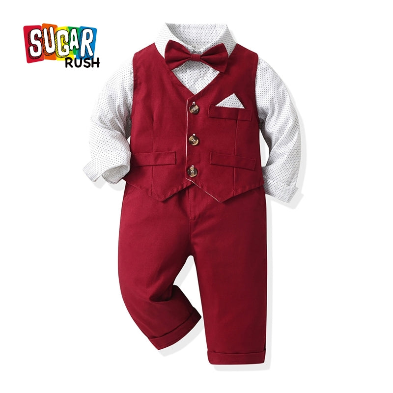 Boys Printed Shirt Collar Shirt & Trouser & Waistcoat & Bow Tie