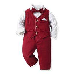 Boys Printed Shirt Collar Shirt & Trouser & Waistcoat & Bow Tie