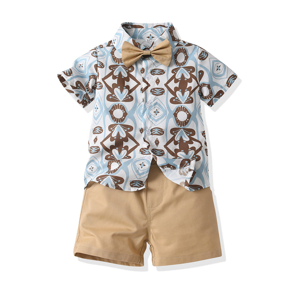 Boys Printed Shirt Collar Pure Cotton Shirt with Shorts
