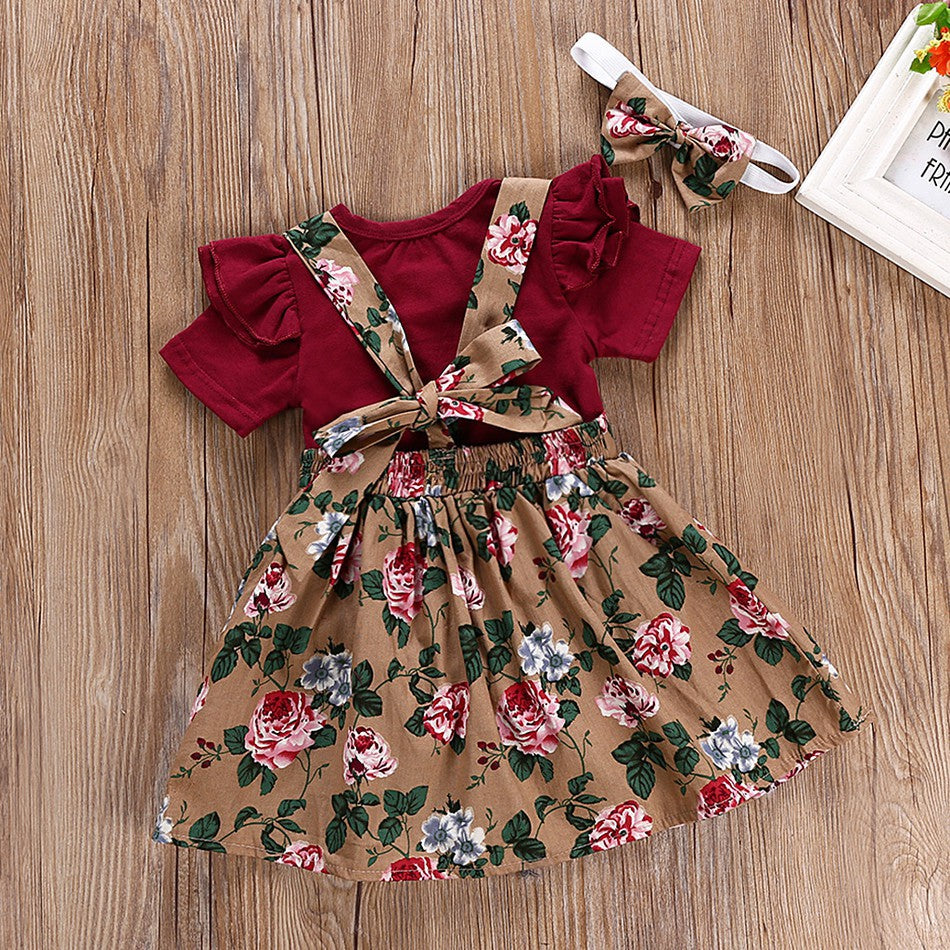 Girls Maroon & Brown Printed Pure Cotton Top with Skirt