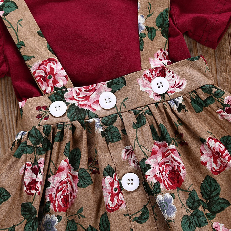 Girls Maroon & Brown Printed Pure Cotton Top with Skirt