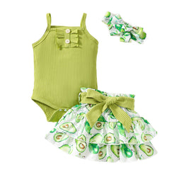 Girls Green Shoulder Strap Striped Pure Cotton Top with Skirt