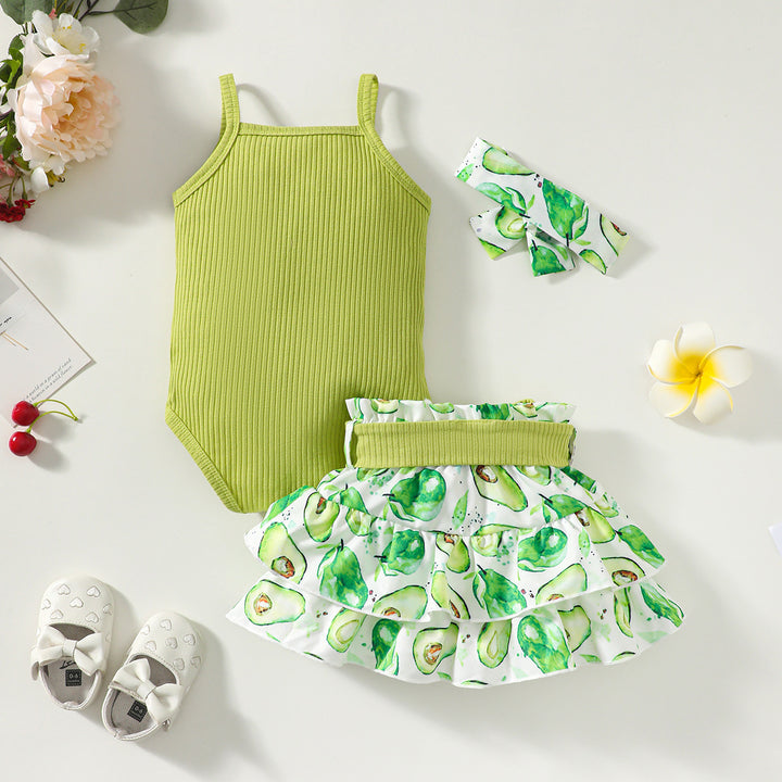 Girls Green Shoulder Strap Striped Pure Cotton Top with Skirt