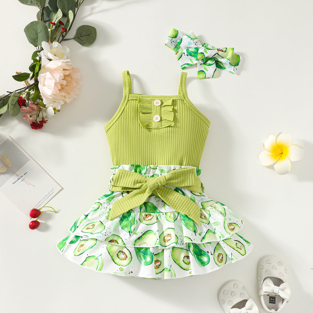 Girls Green Shoulder Strap Striped Pure Cotton Top with Skirt
