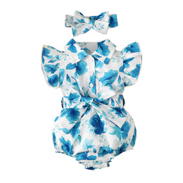 Infants Girls Blue Cotton Floral Printed Bodysuit