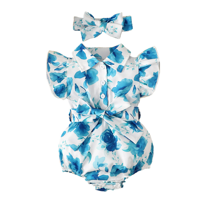 Infants Girls Blue Cotton Floral Printed Bodysuit