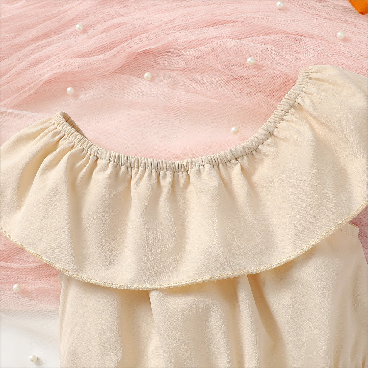 Girls Khaki Pure Cotton Top with Skirt