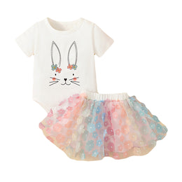 Infant Girls White & Blue Printed Top with Colourblocked Skirt