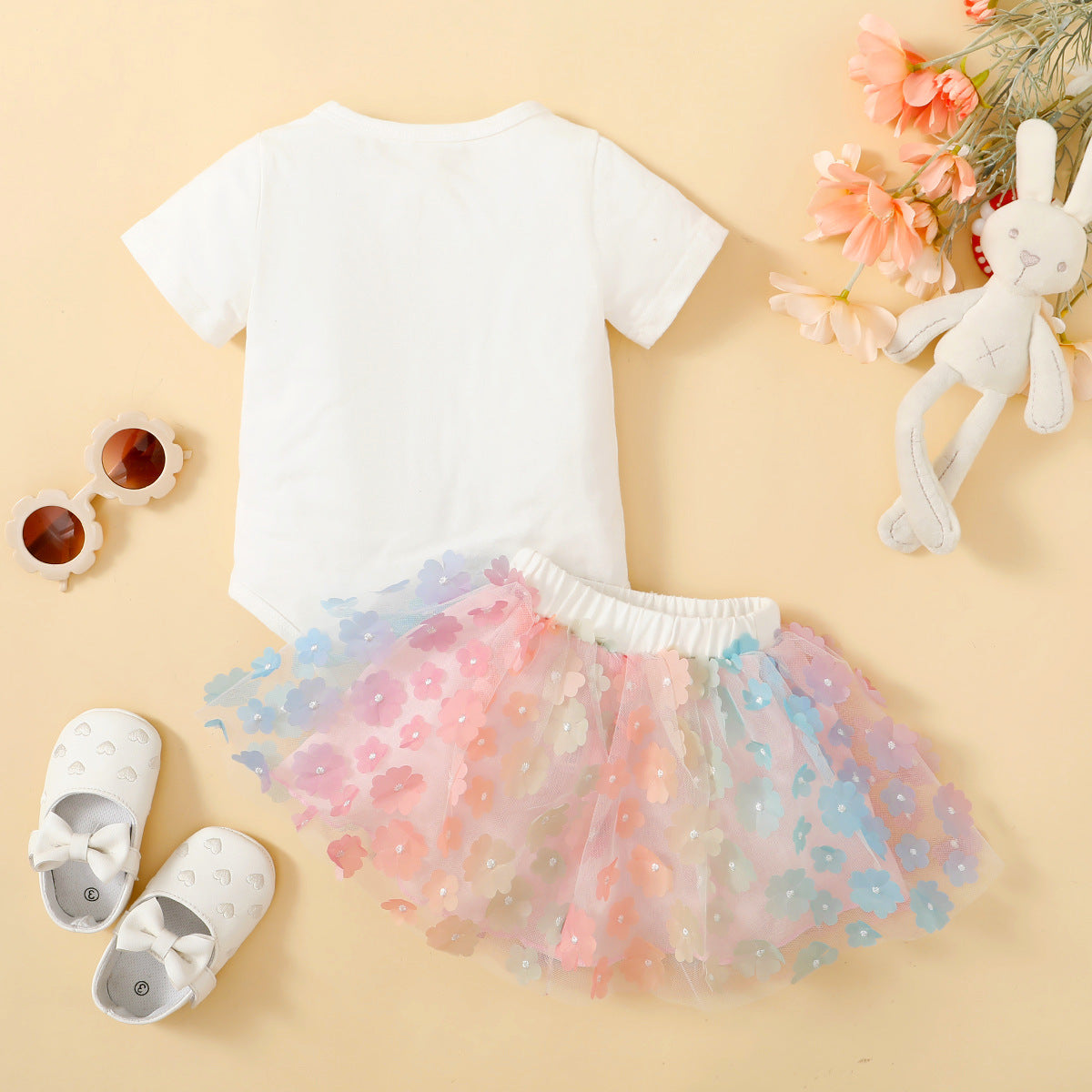 Infant Girls White & Blue Printed Top with Colourblocked Skirt