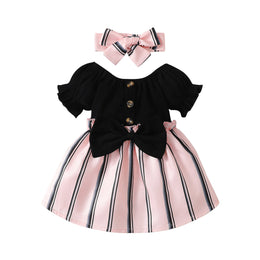 Black Girls Striped Puff Sleeves Bow Cotton Fit & Flare Mini Dress With Hairband