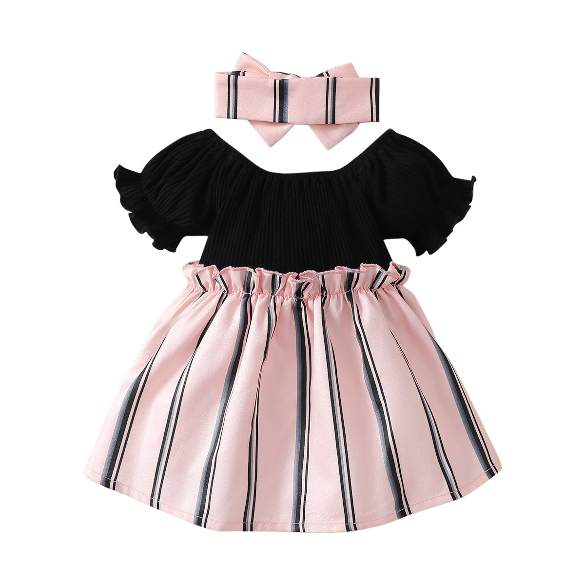 Black Girls Striped Puff Sleeves Bow Cotton Fit & Flare Mini Dress With Hairband