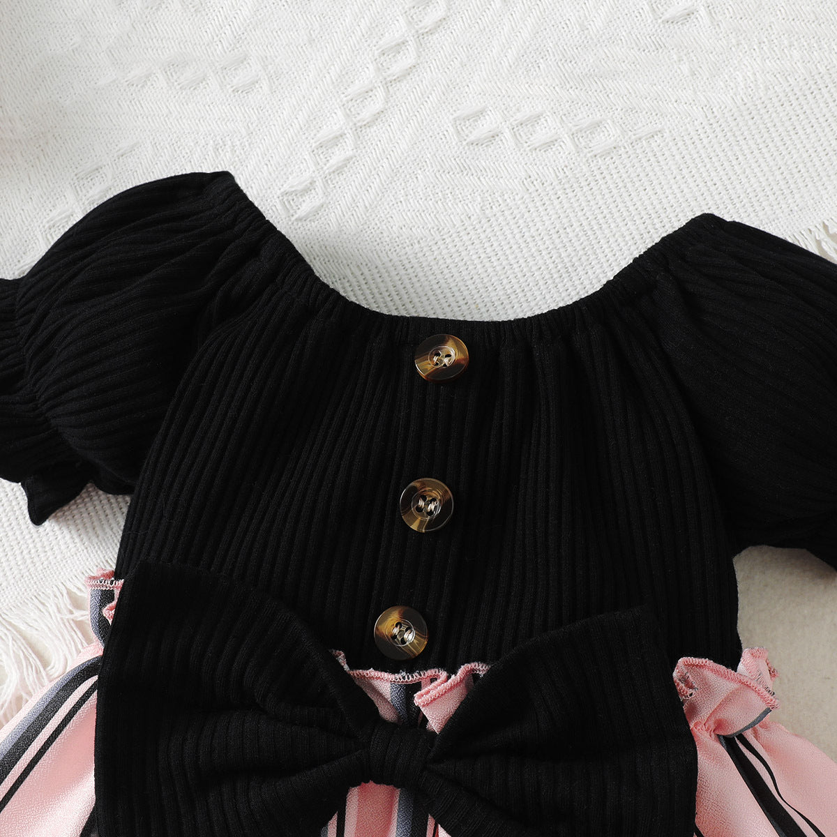 Black Girls Striped Puff Sleeves Bow Cotton Fit & Flare Mini Dress With Hairband