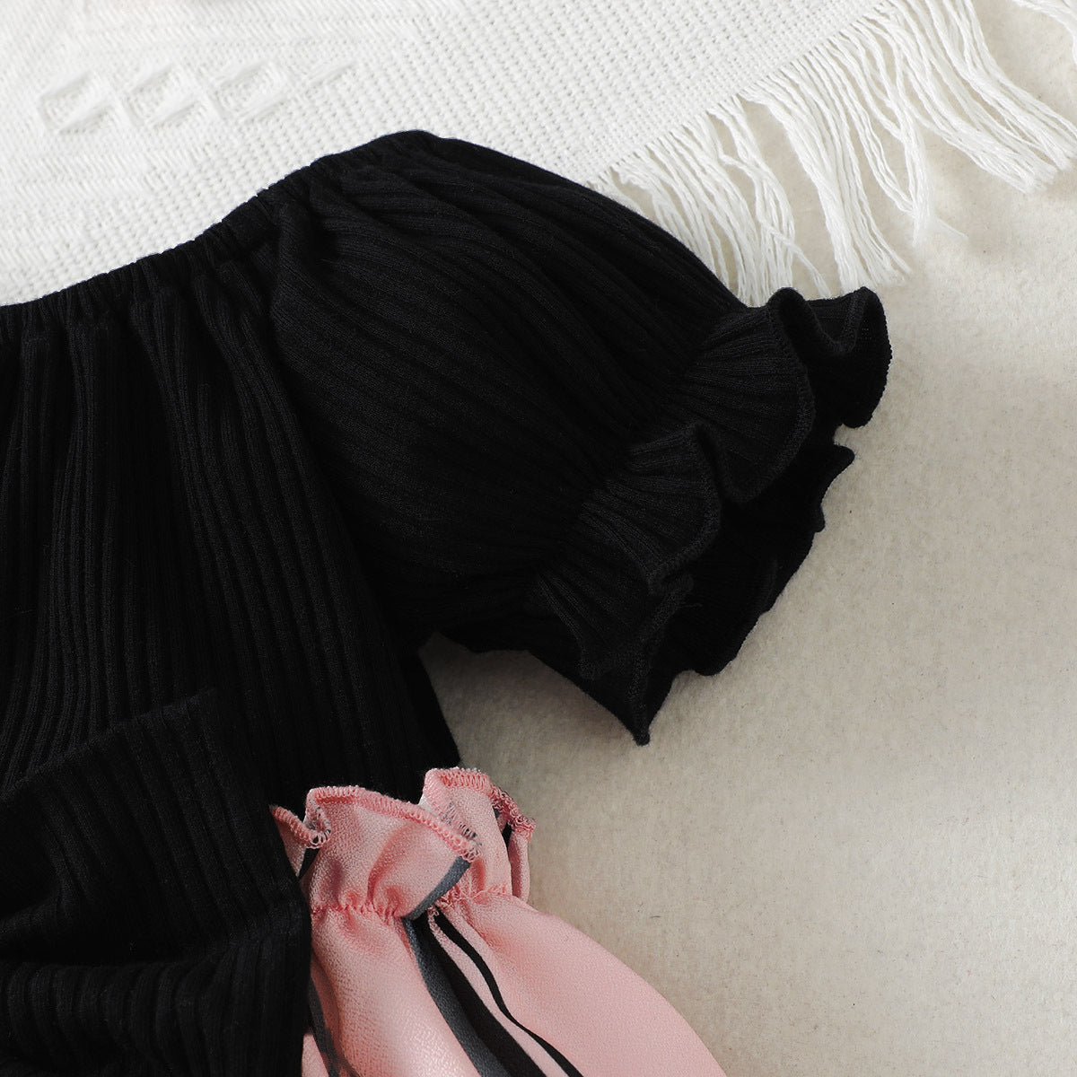 Black Girls Striped Puff Sleeves Bow Cotton Fit & Flare Mini Dress With Hairband