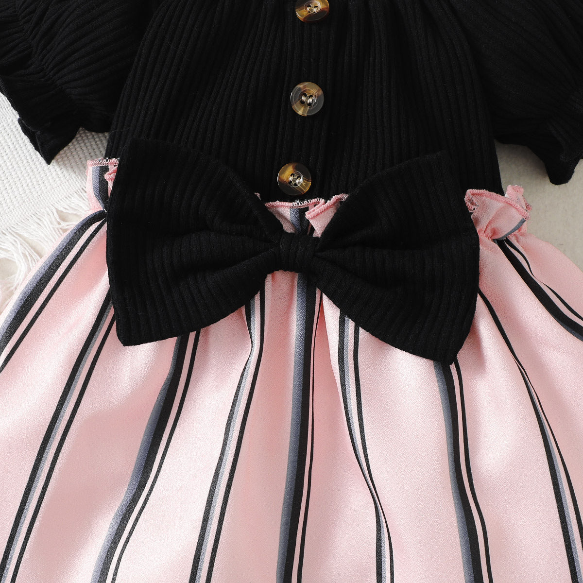 Black Girls Striped Puff Sleeves Bow Cotton Fit & Flare Mini Dress With Hairband