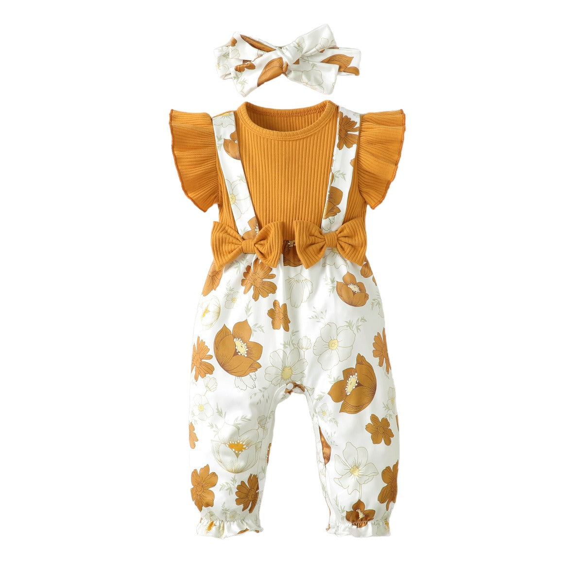 Infant Girls Floral Printed Cotton Romper With Head Band