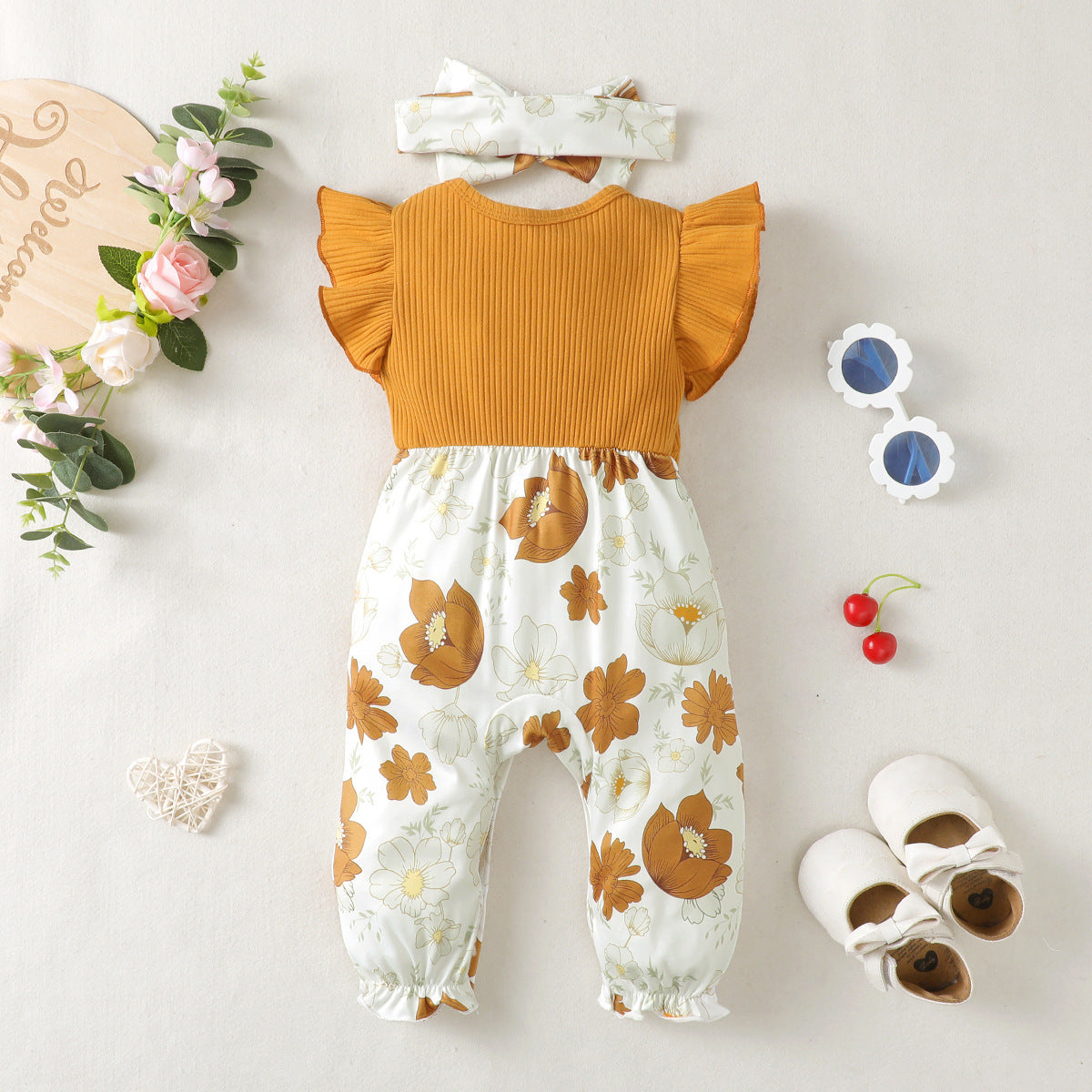 Infant Girls Floral Printed Cotton Romper With Head Band