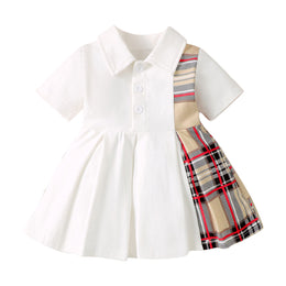 White & Beige Girls Checked Cotton Fit & Flare Dress