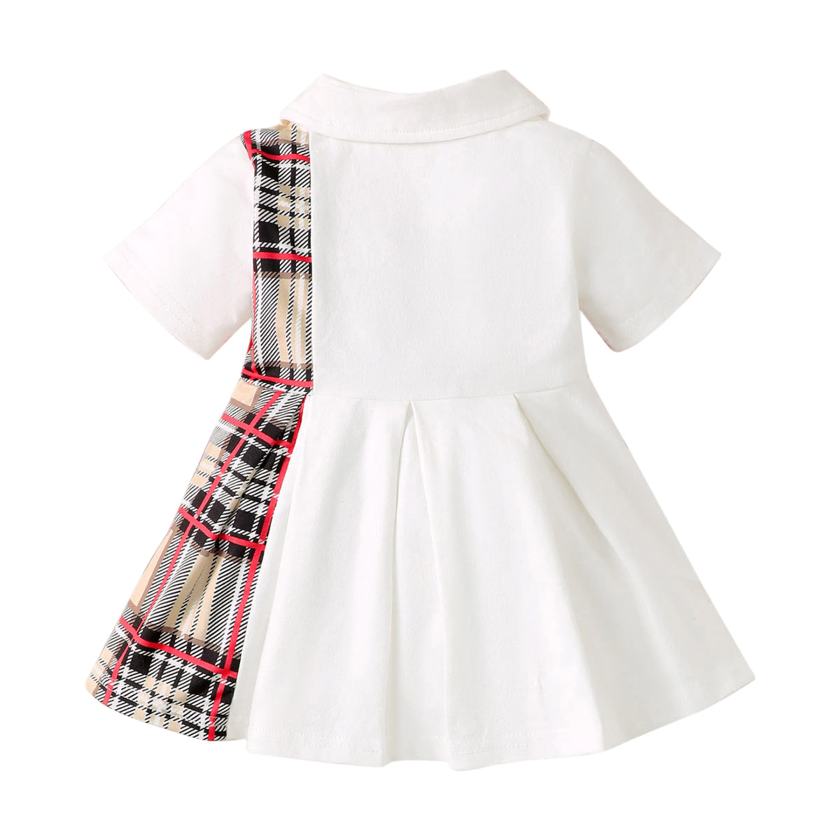 White & Beige Girls Checked Cotton Fit & Flare Dress