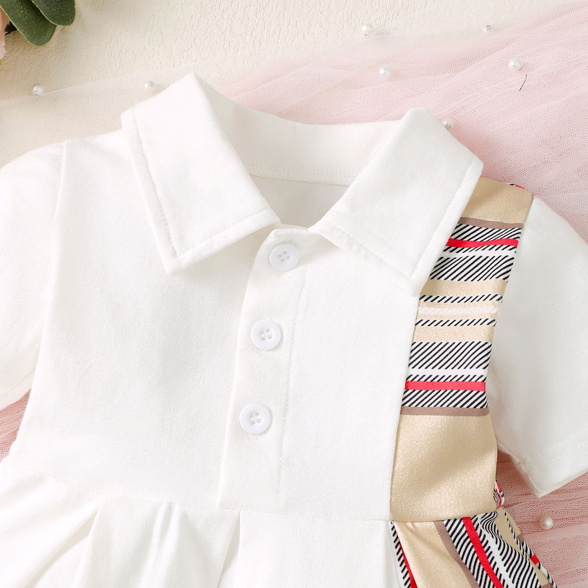 White & Beige Girls Checked Cotton Fit & Flare Dress