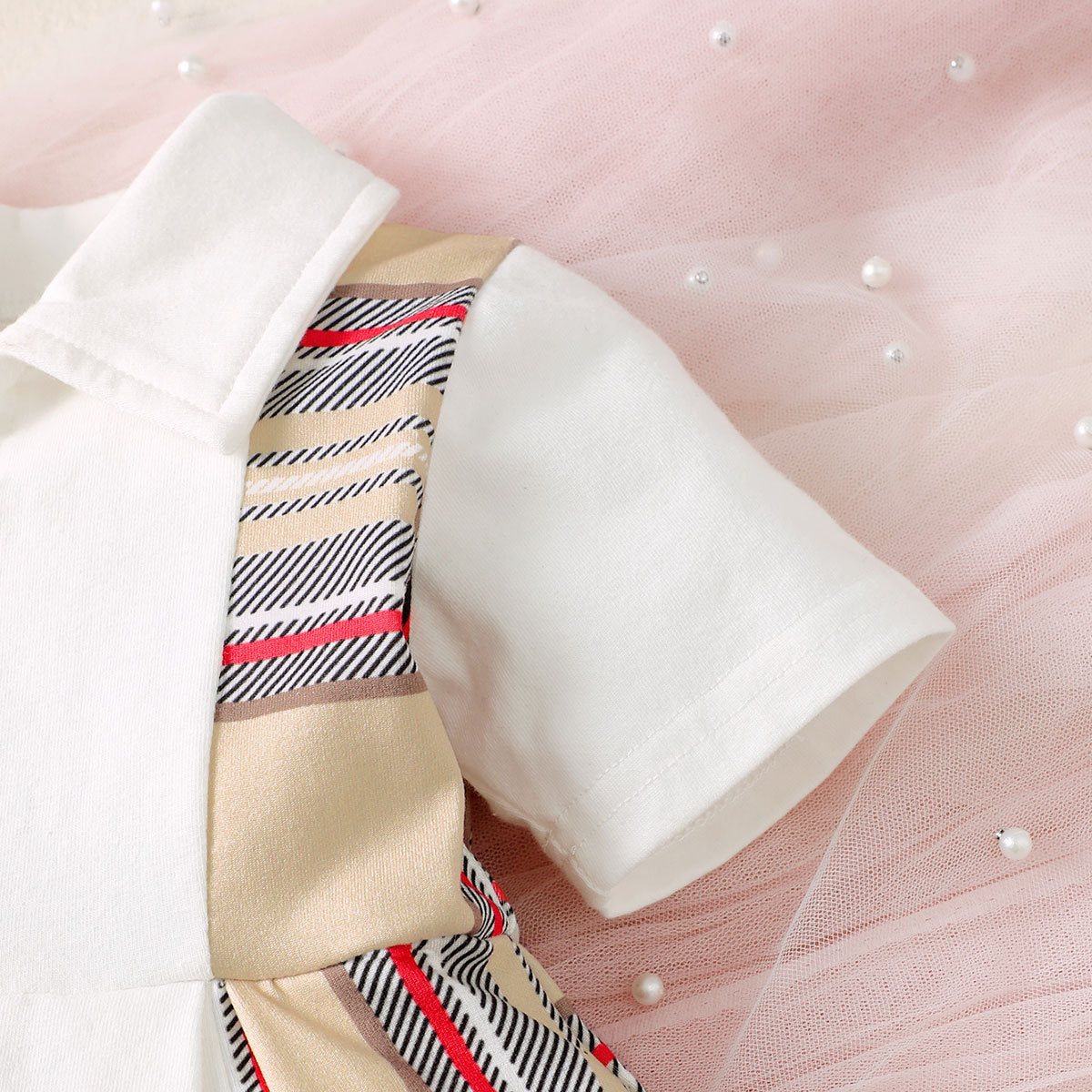 White & Beige Girls Checked Cotton Fit & Flare Dress