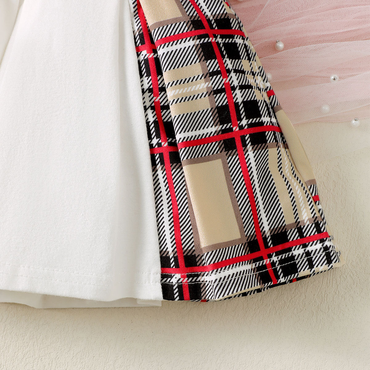 White & Beige Girls Checked Cotton Fit & Flare Dress