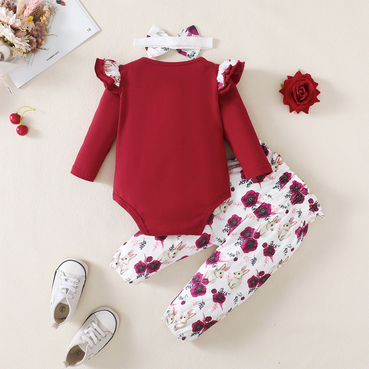 Infant Girls Red & White Printed Leotard with Pyjamas