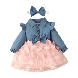 Blue & Pink Girls Shirt Collar Cotton Fit & Flare Dress