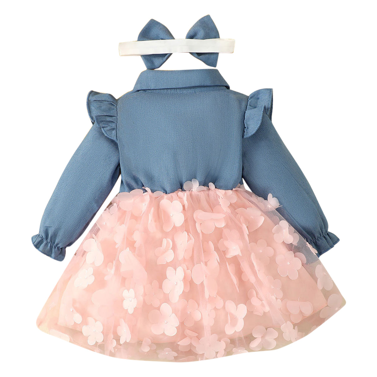 Blue & Pink Girls Shirt Collar Cotton Fit & Flare Dress
