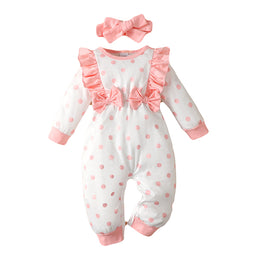 Infant Girls Polka Dots Printed Rompers With Headband