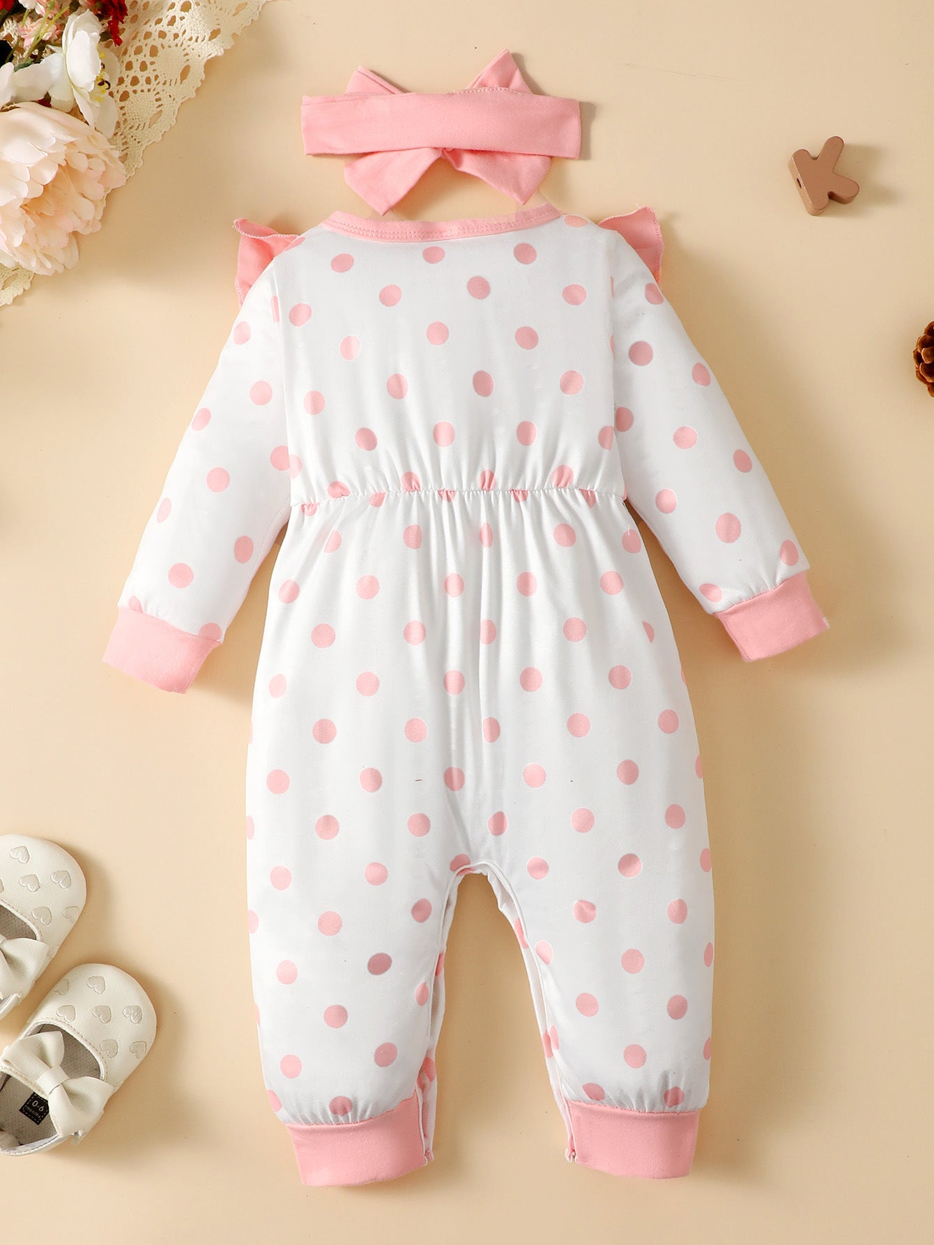 Infant Girls Polka Dots Printed Rompers With Headband