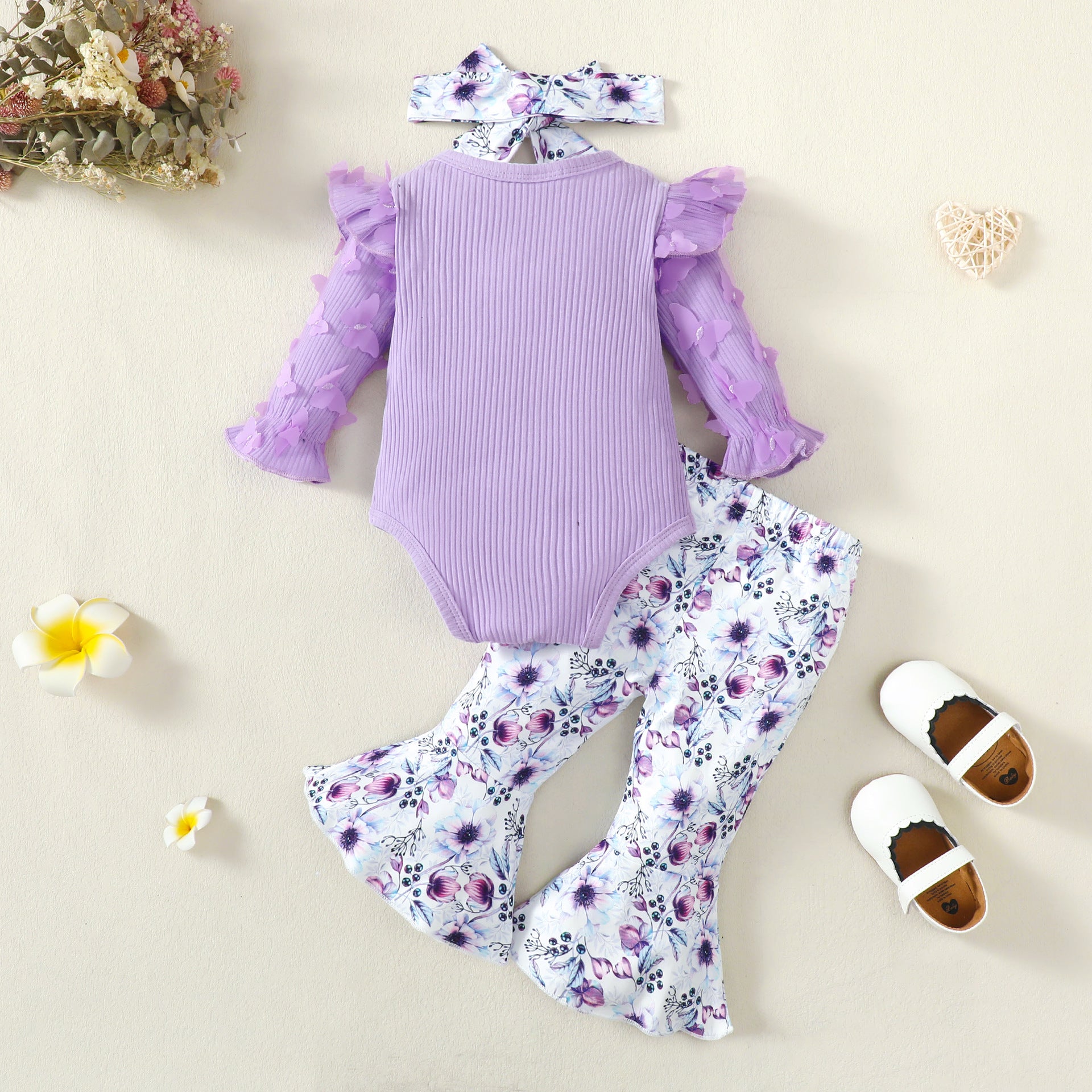 Girls Purple Printed Bodysuit Top with Trousers