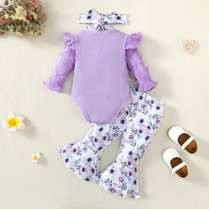 Girls Purple Printed Bodysuit Top with Trousers