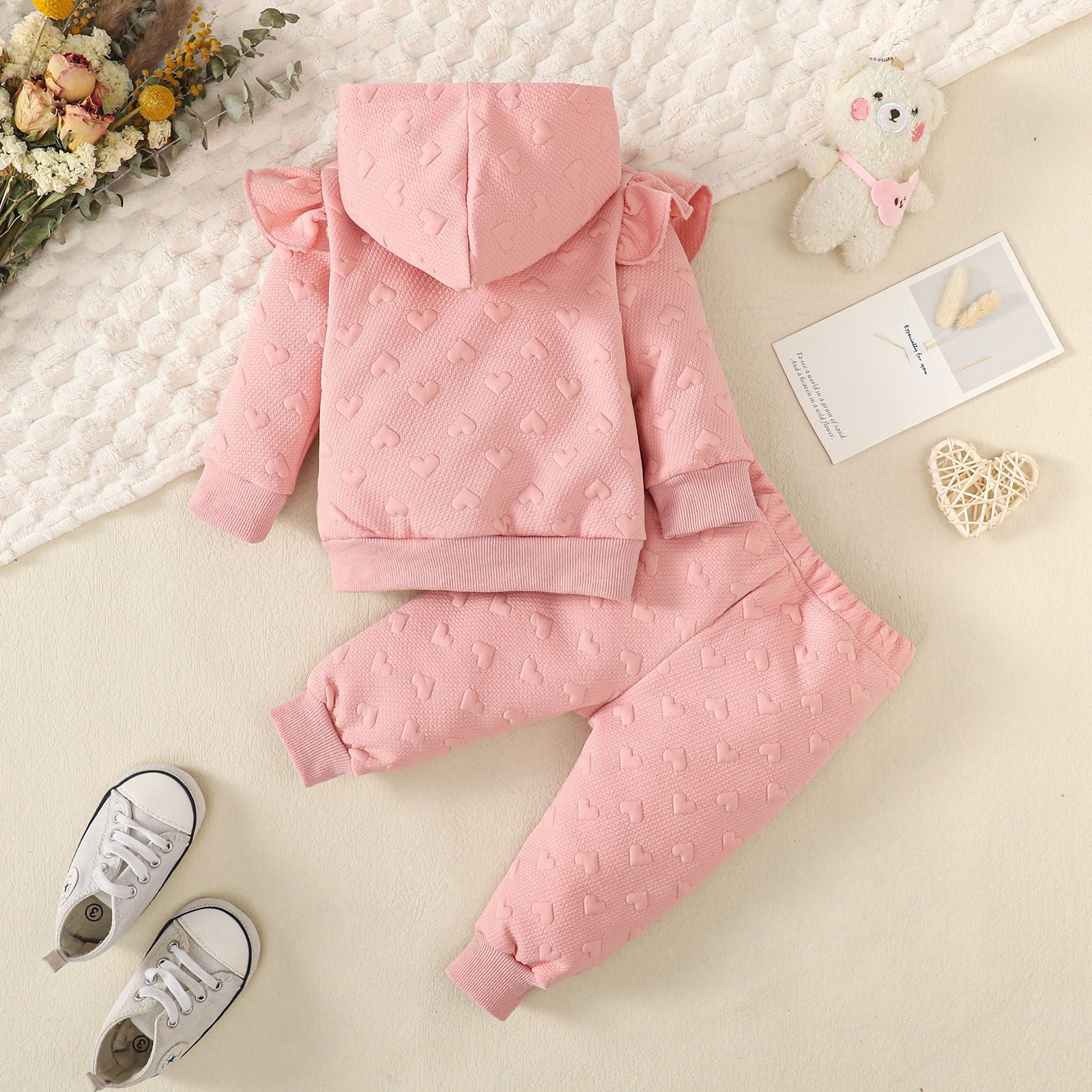Infant Girls Pink Self Design Hooded Top with Pyjamas