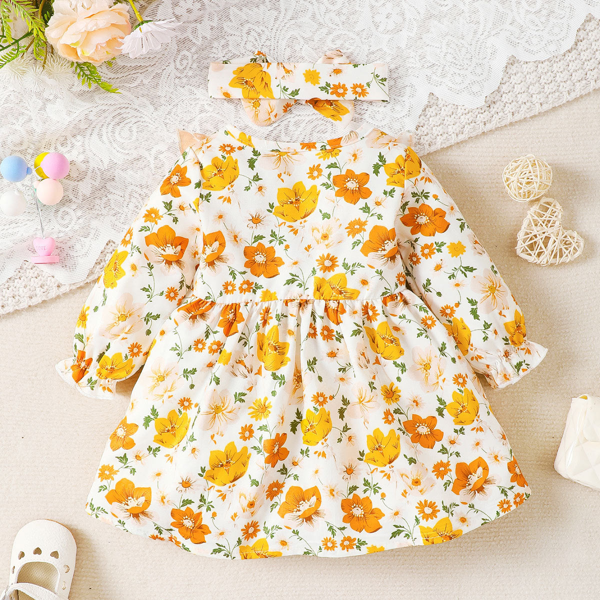Girls Yellow Floral Printed Fit & Flare Dress